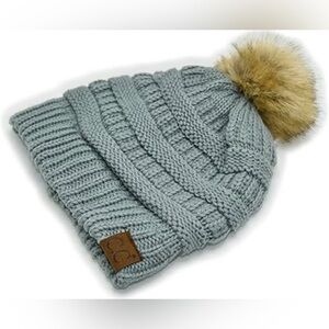C.C Beanie Light Melange Gray Classic Knit Beanie with Brown Pompom